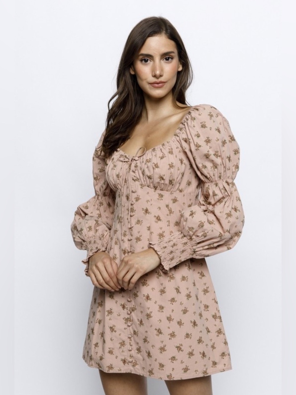 Storia Blush Pink Floral Puff-Sleeve Mini Dress
